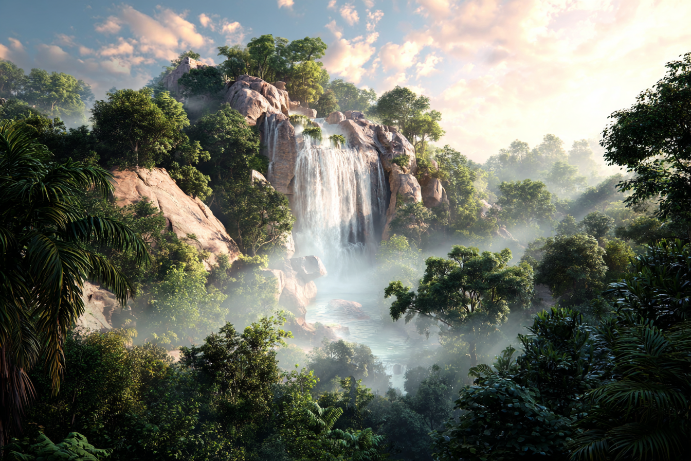 Tropen Und Dschungel Ruhige Natur Landschaft Mit Wasserfall Und Grünem Baum Bewuchs | Tropen und Dschungel | Landschaften