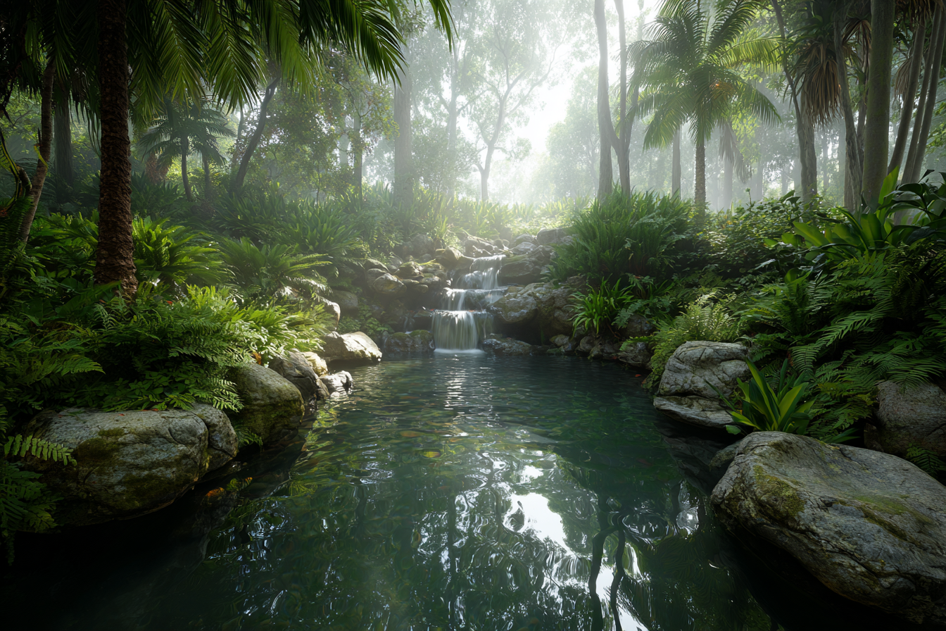 Tropen Und Dschungel Ruhiger Wasserfall In Der Grünen Aün Foggy Forest | Tropen und Dschungel | Landschaften