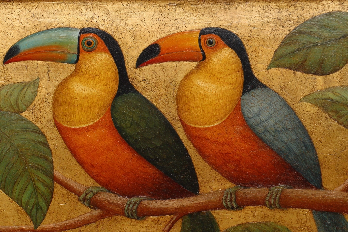 Tropen Und Dschungel Toucan Auf Einem Zweig Umgeben Von Blättern Goldener Hintergrund | Tropen und Dschungel | Landschaften