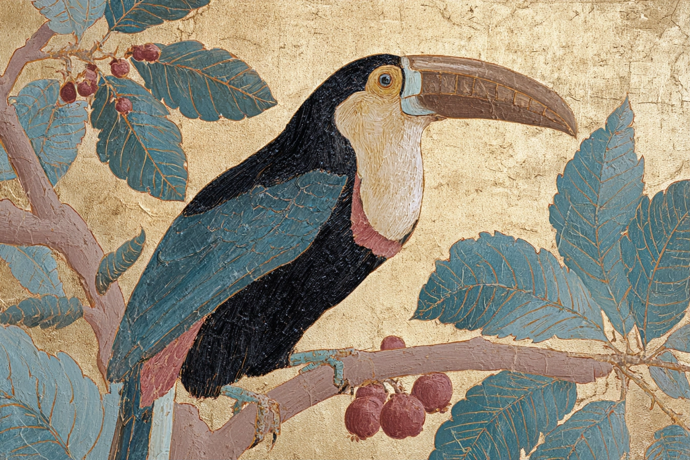Tropen Und Dschungel Toucan Auf Zweig Mit Blättern Und Beeren Goldener Hintergrund Stilisiert | Tropen und Dschungel | Landschaften
