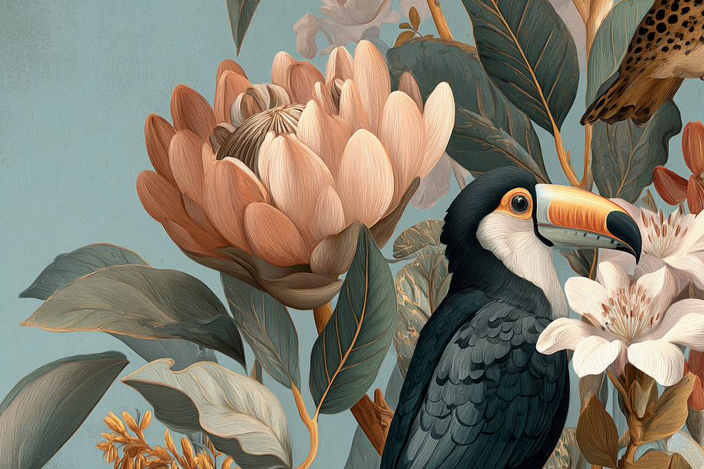 Tropen Und Dschungel Toucan Blumen Und Blätter Künstlerische Darstellung | Tropen und Dschungel | Landschaften