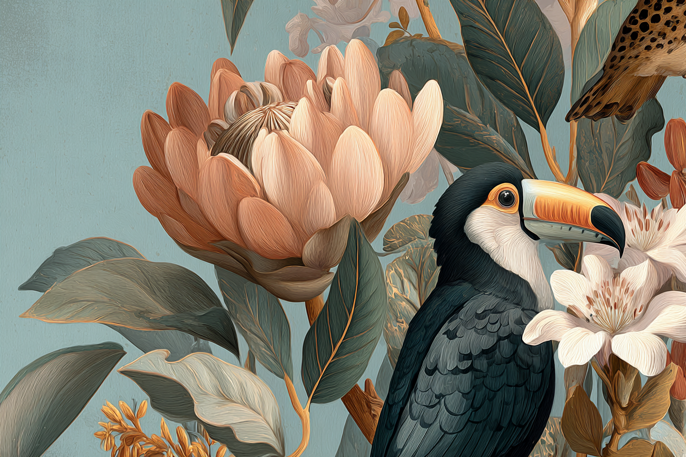 Tropen Und Dschungel Toucan Blumen Und Blätter Künstlerische Darstellung | Tropen und Dschungel | Landschaften