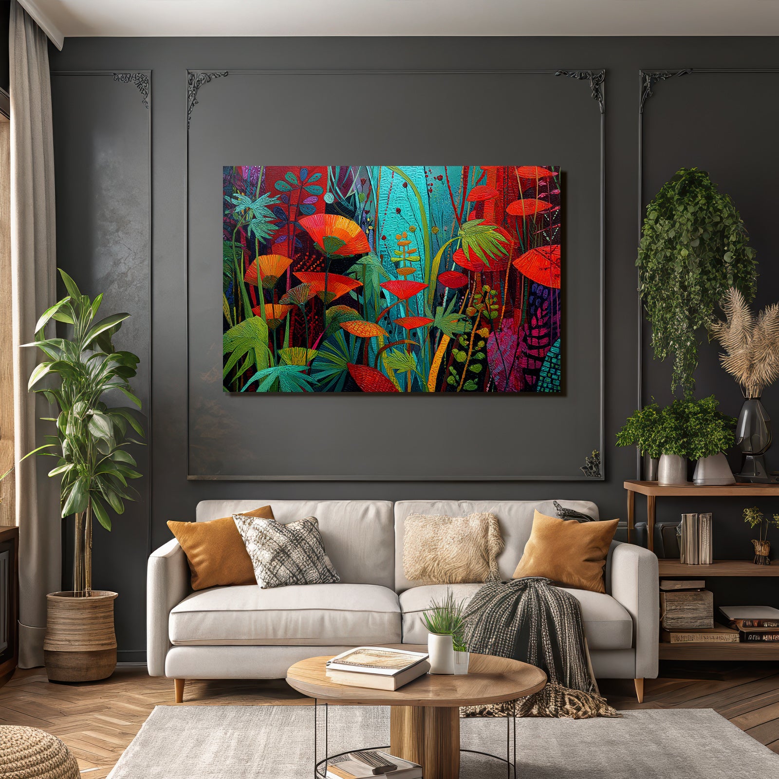 Tropen Und Dschungel Bunte Blumen Und Garten Szene Kunstwerk