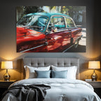 Tropen Und Dschungel Buntes Gemälde Von Einem Klassischen Auto Mit Palmen Hintergrund