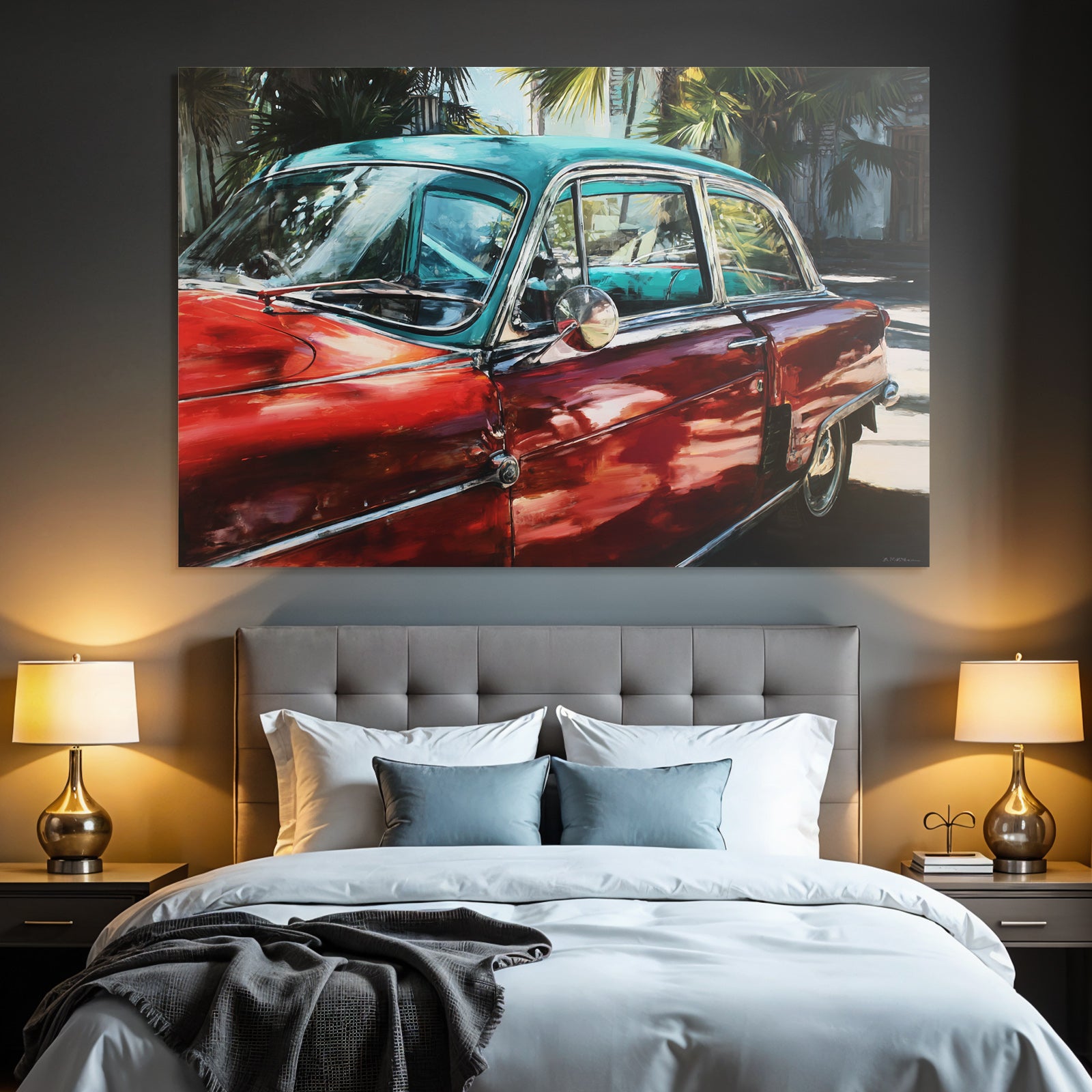 Tropen Und Dschungel Buntes Gemälde Von Einem Klassischen Auto Mit Palmen Hintergrund
