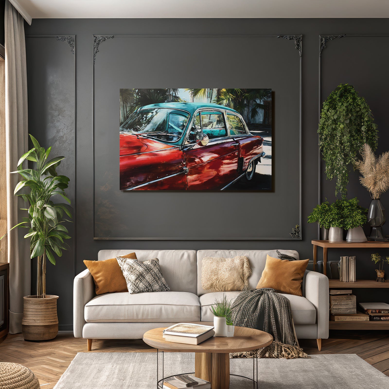 Tropen Und Dschungel Buntes Gemälde Von Einem Klassischen Auto Mit Palmen Hintergrund