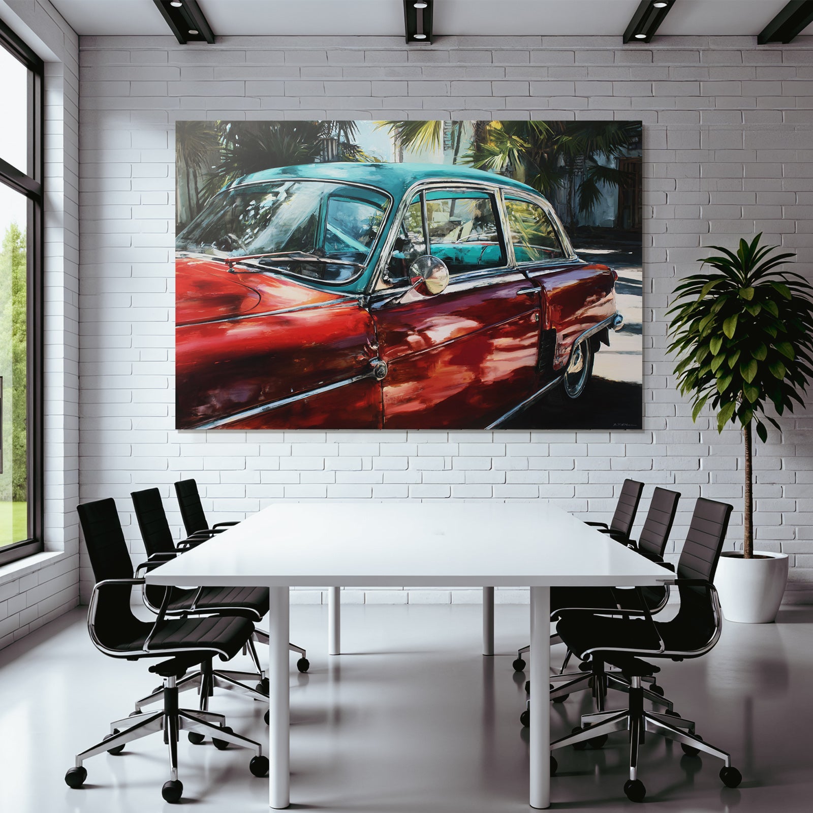 Tropen Und Dschungel Buntes Gemälde Von Einem Klassischen Auto Mit Palmen Hintergrund
