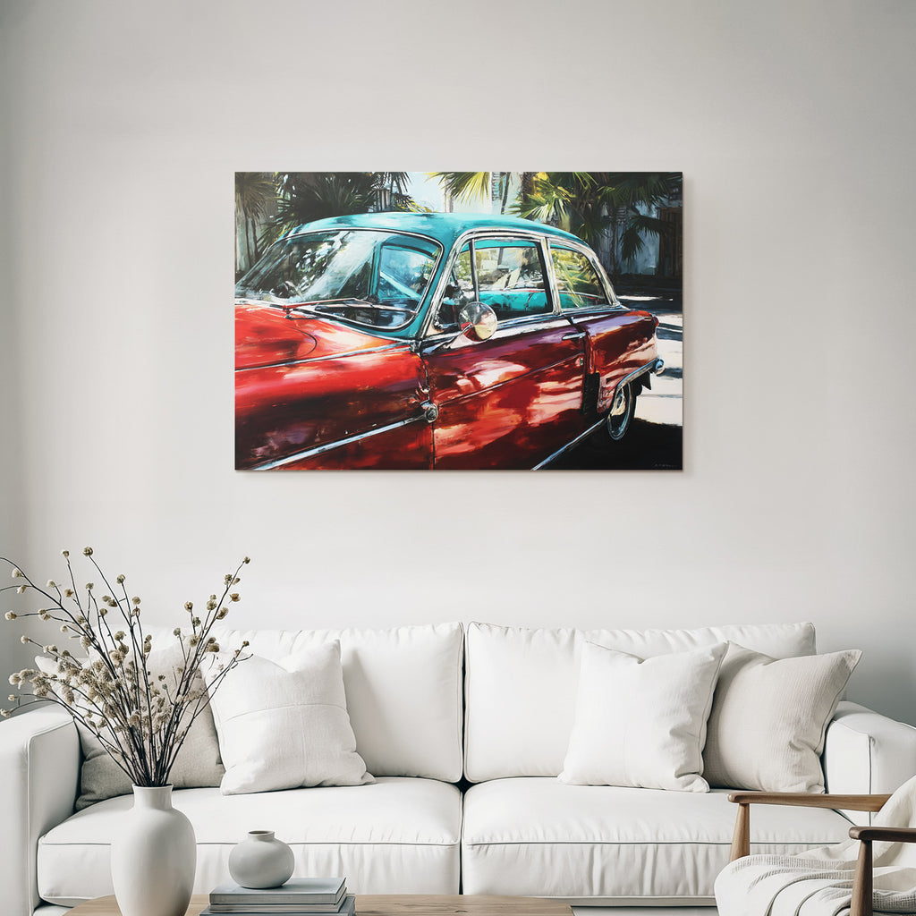 Tropen Und Dschungel Buntes Gemälde Von Einem Klassischen Auto Mit Palmen Hintergrund
