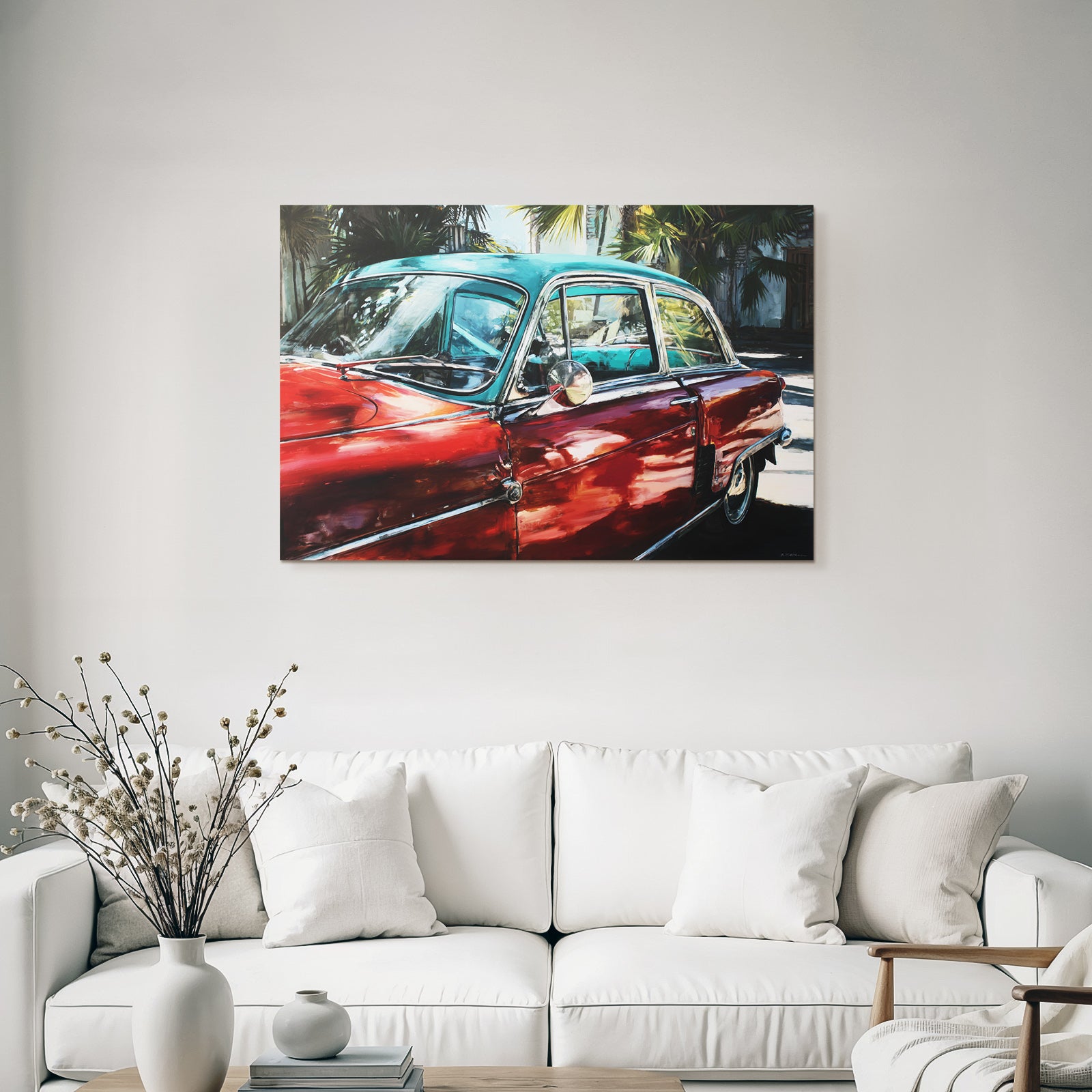 Tropen Und Dschungel Buntes Gemälde Von Einem Klassischen Auto Mit Palmen Hintergrund