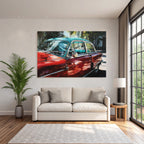 Tropen Und Dschungel Buntes Gemälde Von Einem Klassischen Auto Mit Palmen Hintergrund