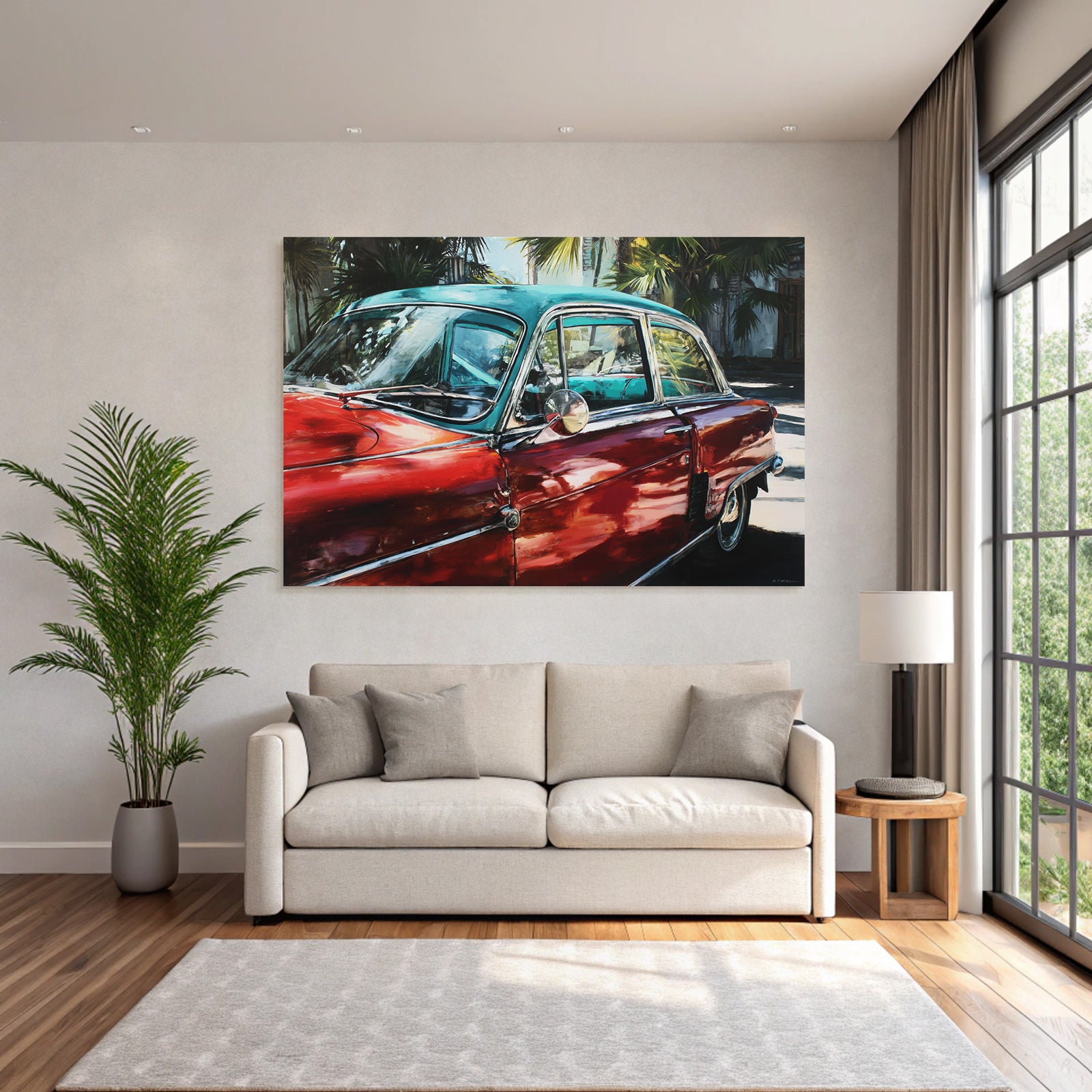Tropen Und Dschungel Buntes Gemälde Von Einem Klassischen Auto Mit Palmen Hintergrund