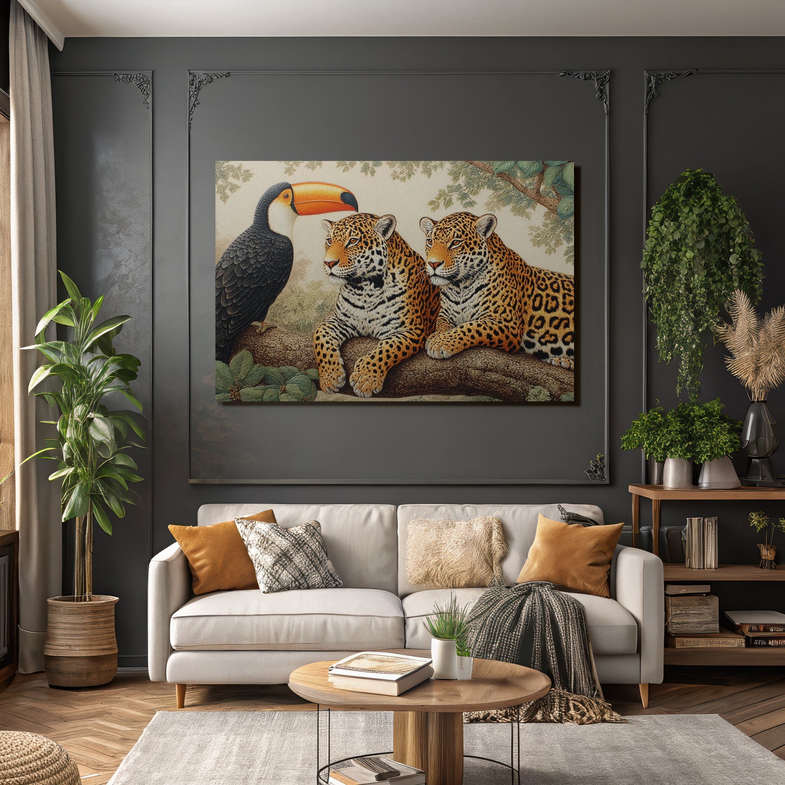 Tropen Und Dschungel Jaguare Und Tukan In Der Natur Liegende Szenen Mit Foliage