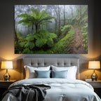Tropics and Jungle Lush Misty Forest Scene with Green Foliage and Towering Trees