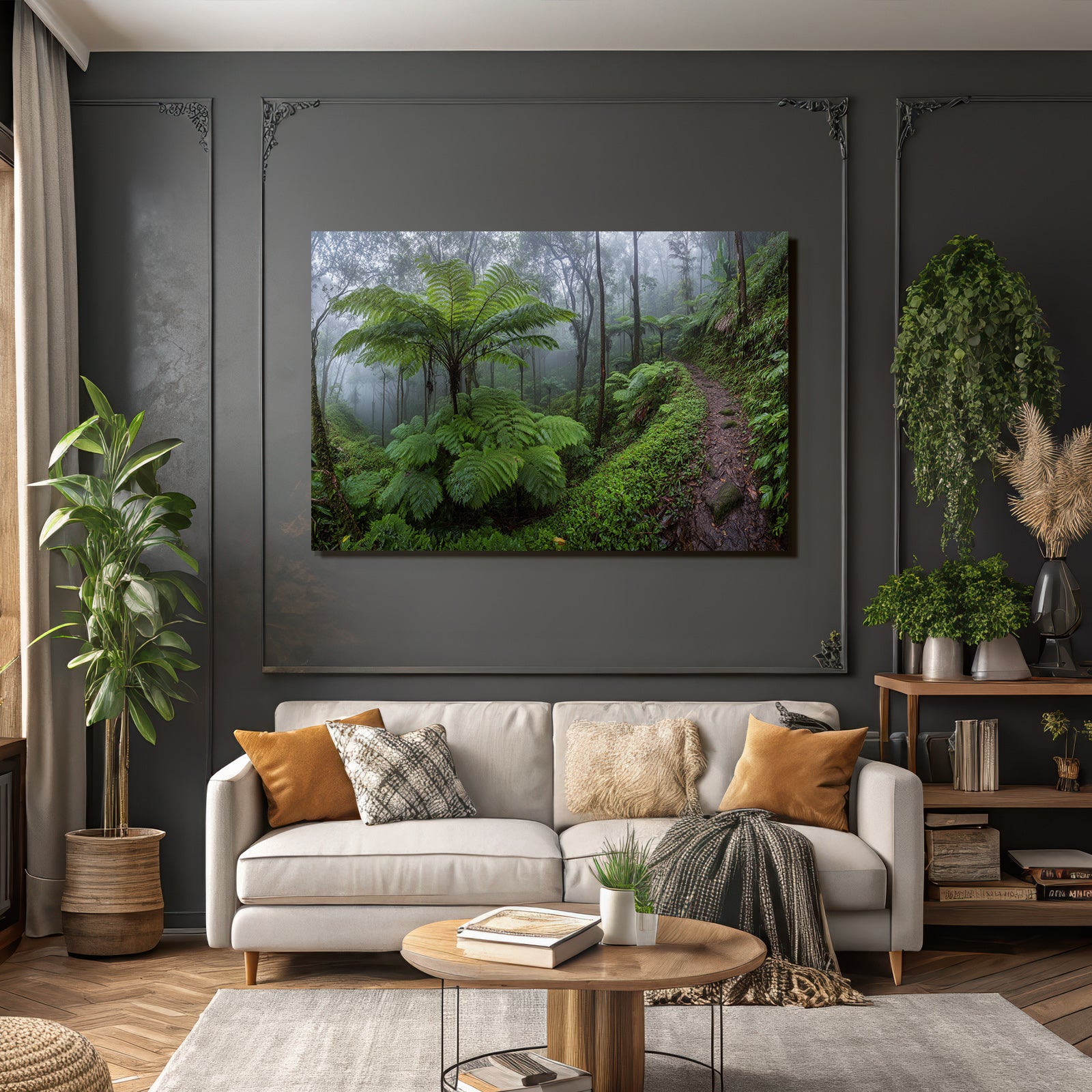 Tropen Und Dschungel Lush Misty Forest Scene Mit Grüner Foliage Und Türmenden Bäumen
