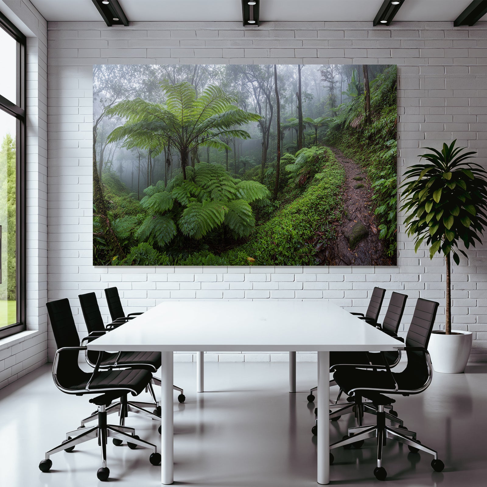 Tropen Und Dschungel Lush Misty Forest Scene Mit Grüner Foliage Und Türmenden Bäumen