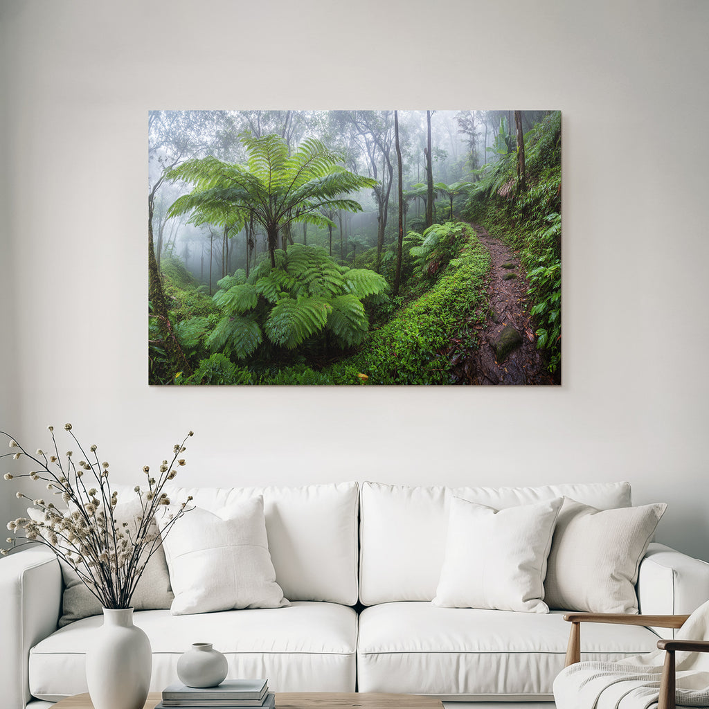 Tropics and Jungle Lush Misty Forest Scene with Green Foliage and Towering Trees