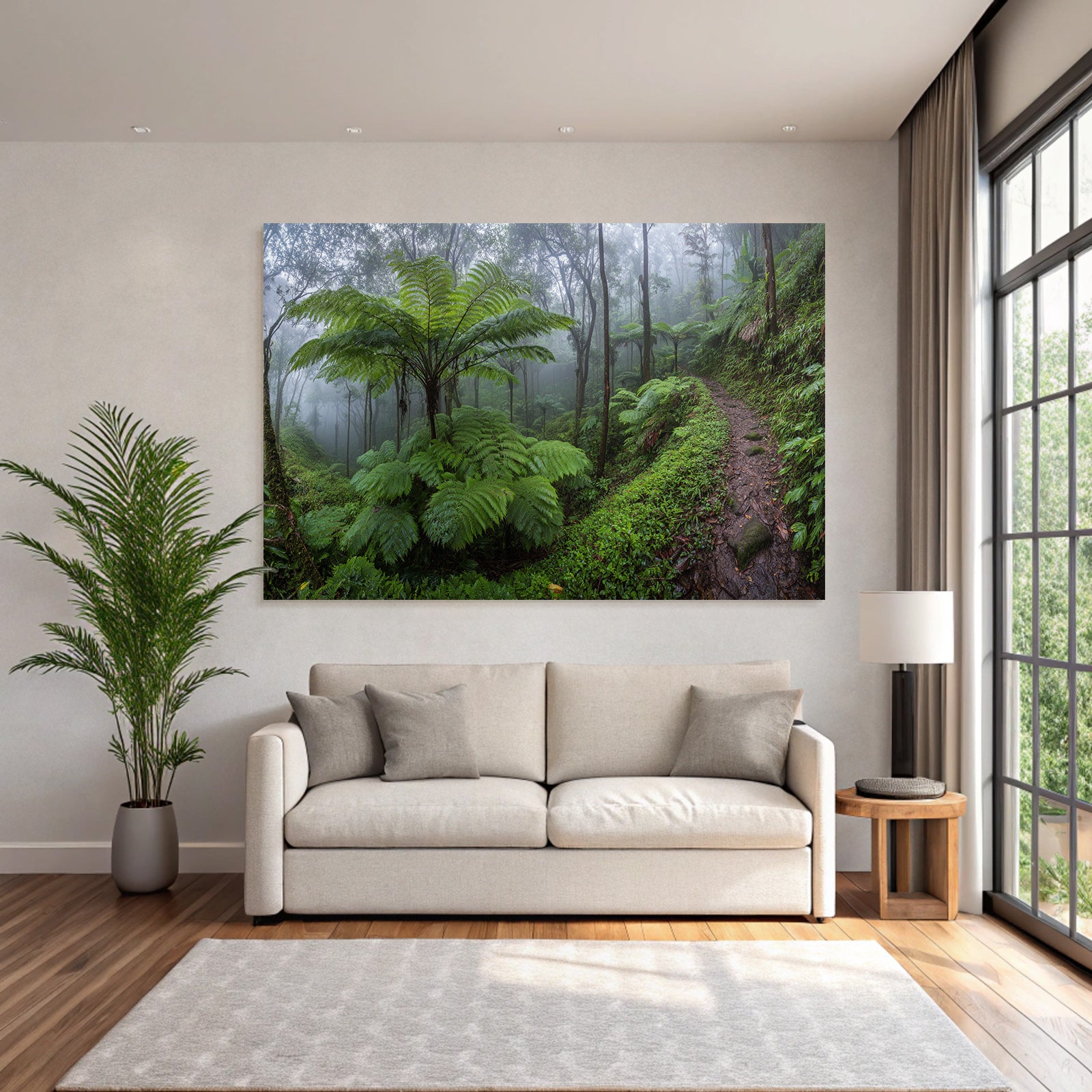 Tropen Und Dschungel Lush Misty Forest Scene Mit Grüner Foliage Und Türmenden Bäumen
