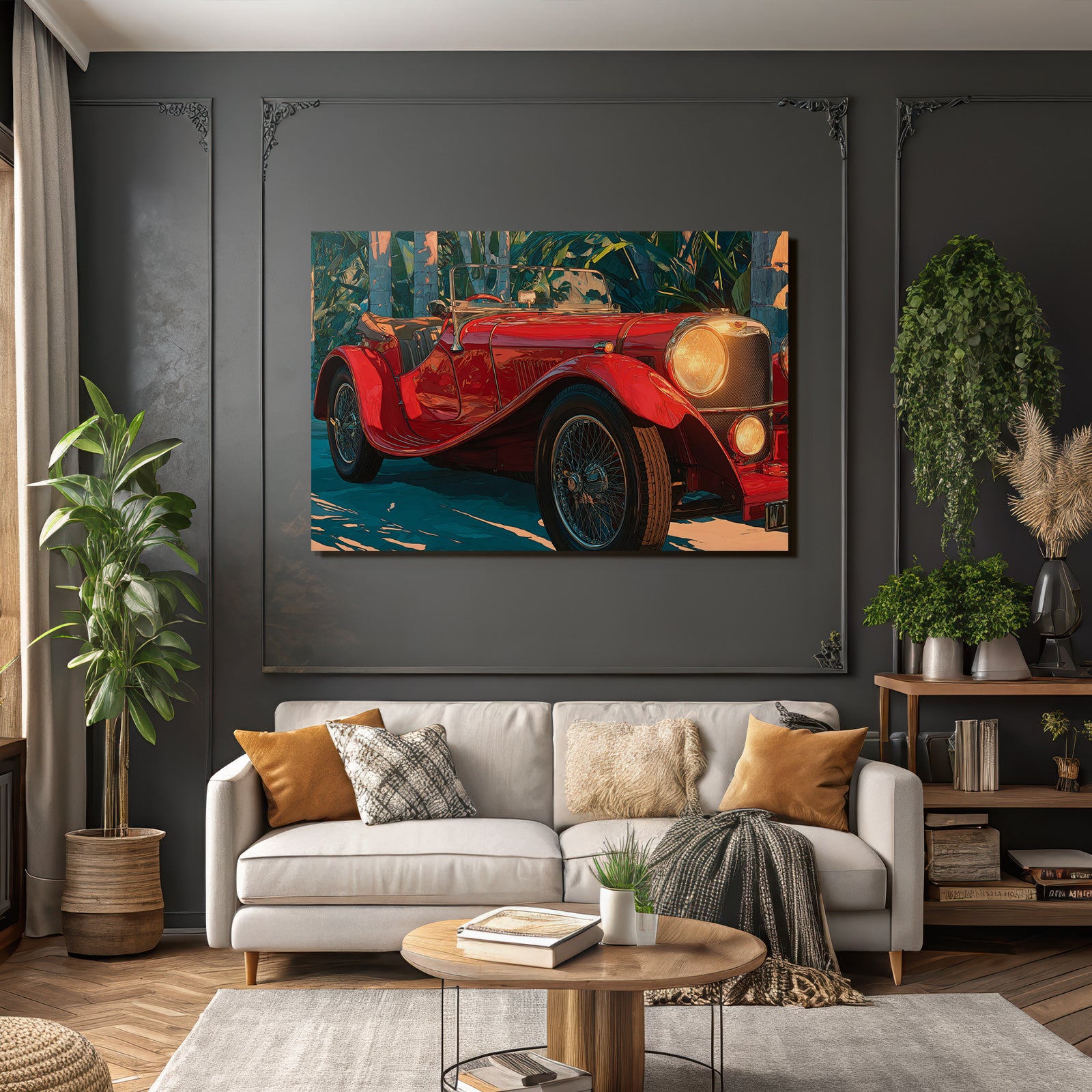 Tropen Und Dschungel Rote Klassische Cabrio Mit Tropischen Pflanzen.digital Illustration