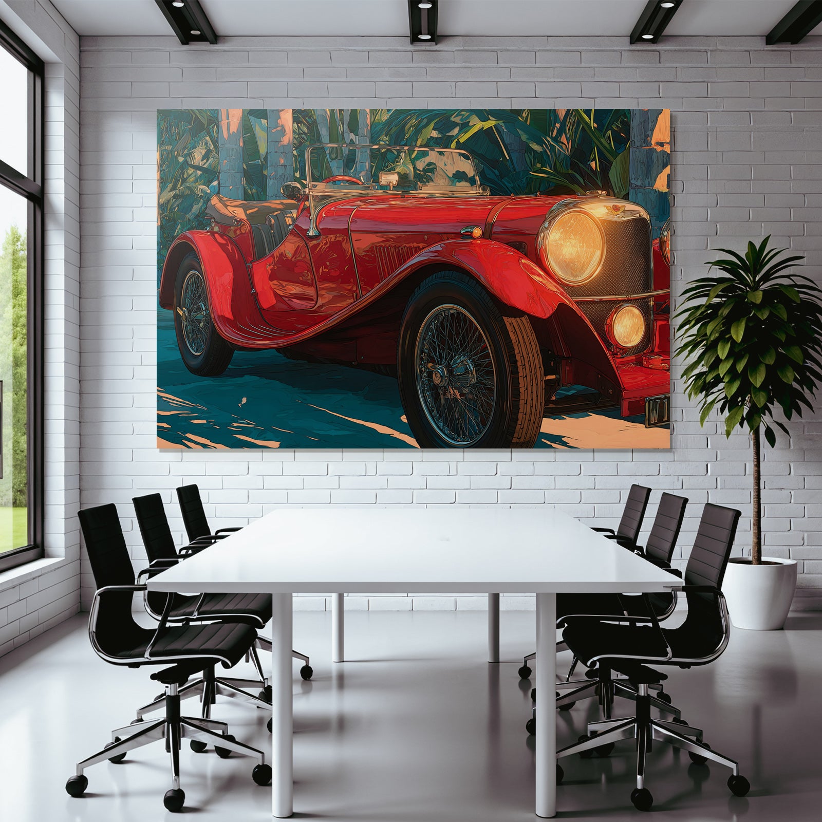 Tropen Und Dschungel Rote Klassische Cabrio Mit Tropischen Pflanzen.digital Illustration