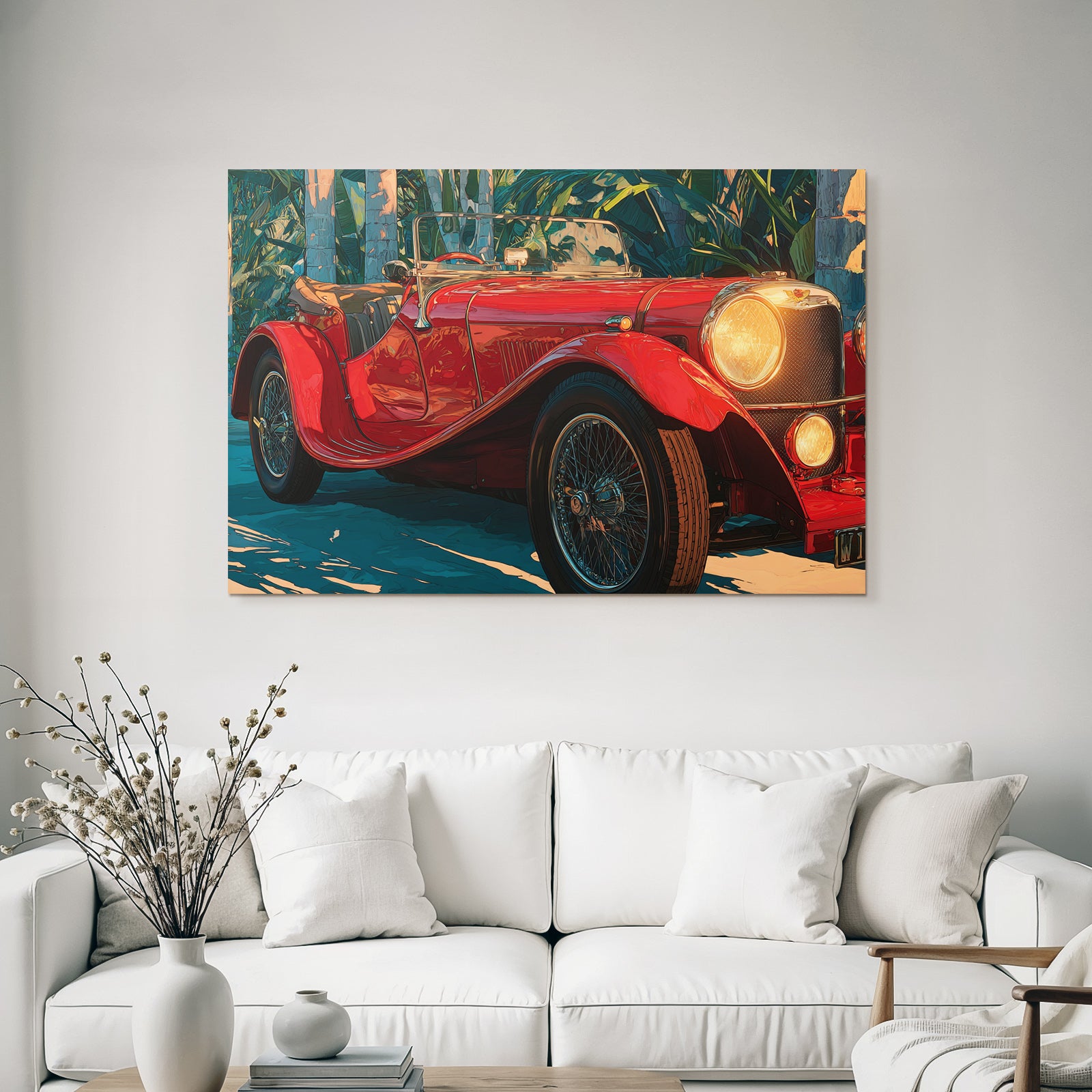 Tropen Und Dschungel Rote Klassische Cabrio Mit Tropischen Pflanzen.digital Illustration