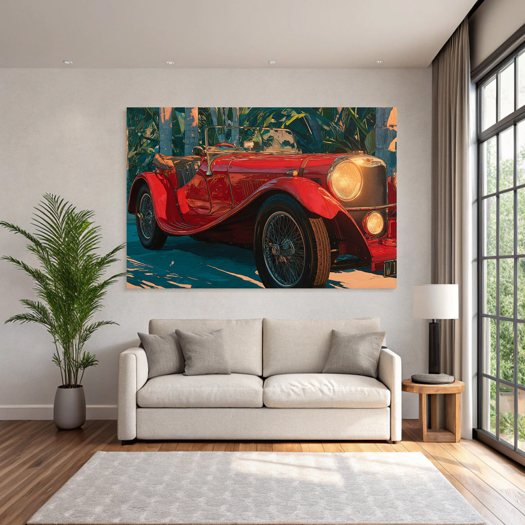 Tropen Und Dschungel Rote Klassische Cabrio Mit Tropischen Pflanzen.digital Illustration