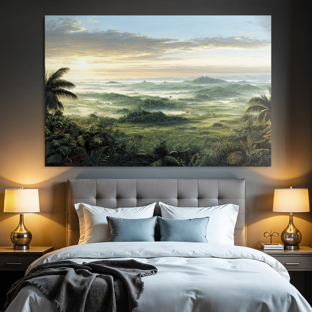 Tropen Und Dschungel Ruhige Landschaft Beim Sonnenaufgang Mit Dichten Pflanzen Und Nebel