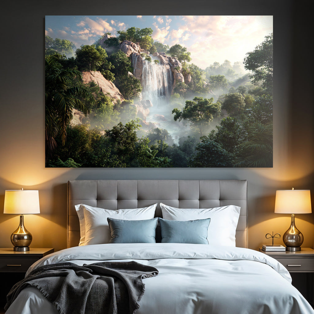 Tropen Und Dschungel Ruhige Natur Landschaft Mit Wasserfall Und Grünem Baum Bewuchs