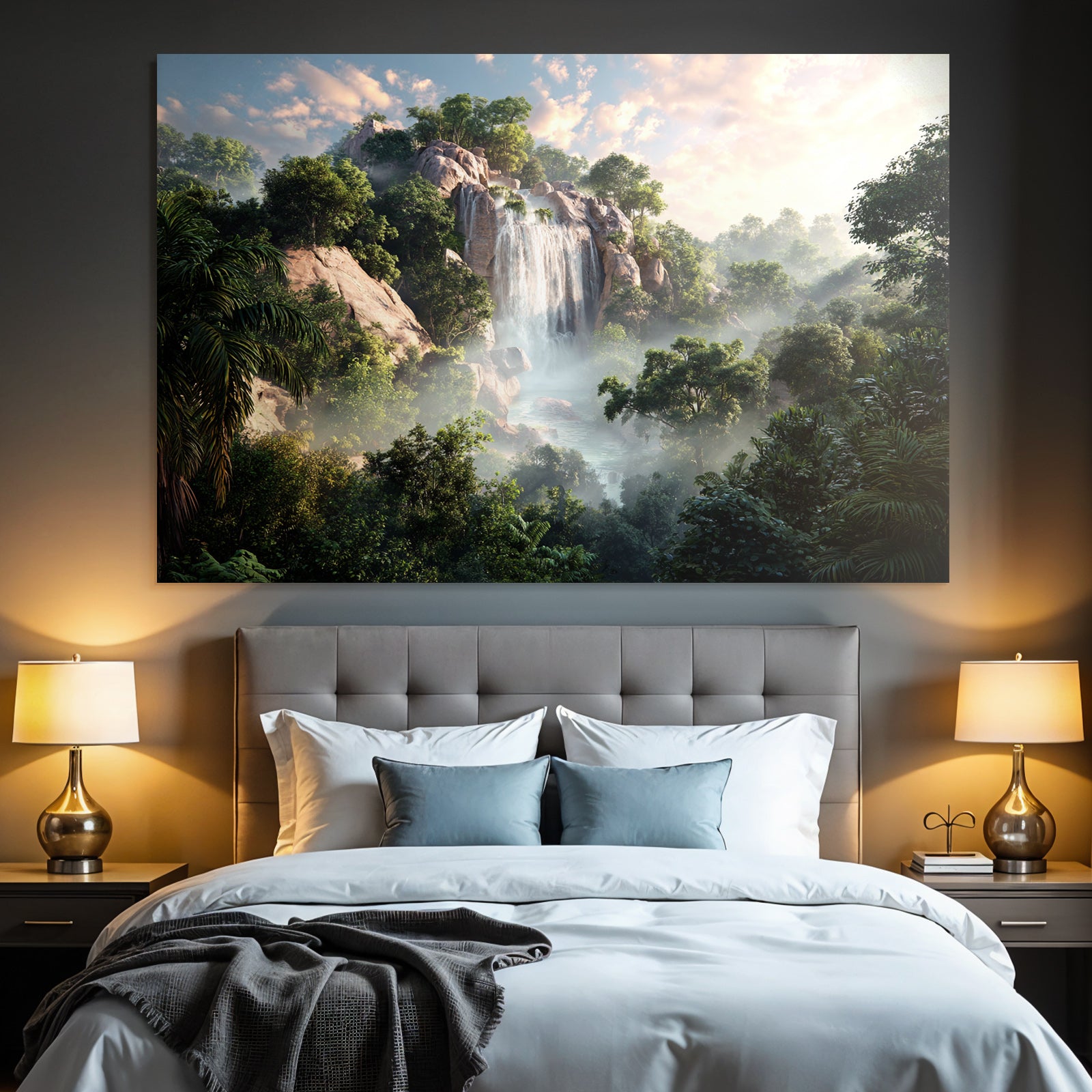 Tropen Und Dschungel Ruhige Natur Landschaft Mit Wasserfall Und Grünem Baum Bewuchs