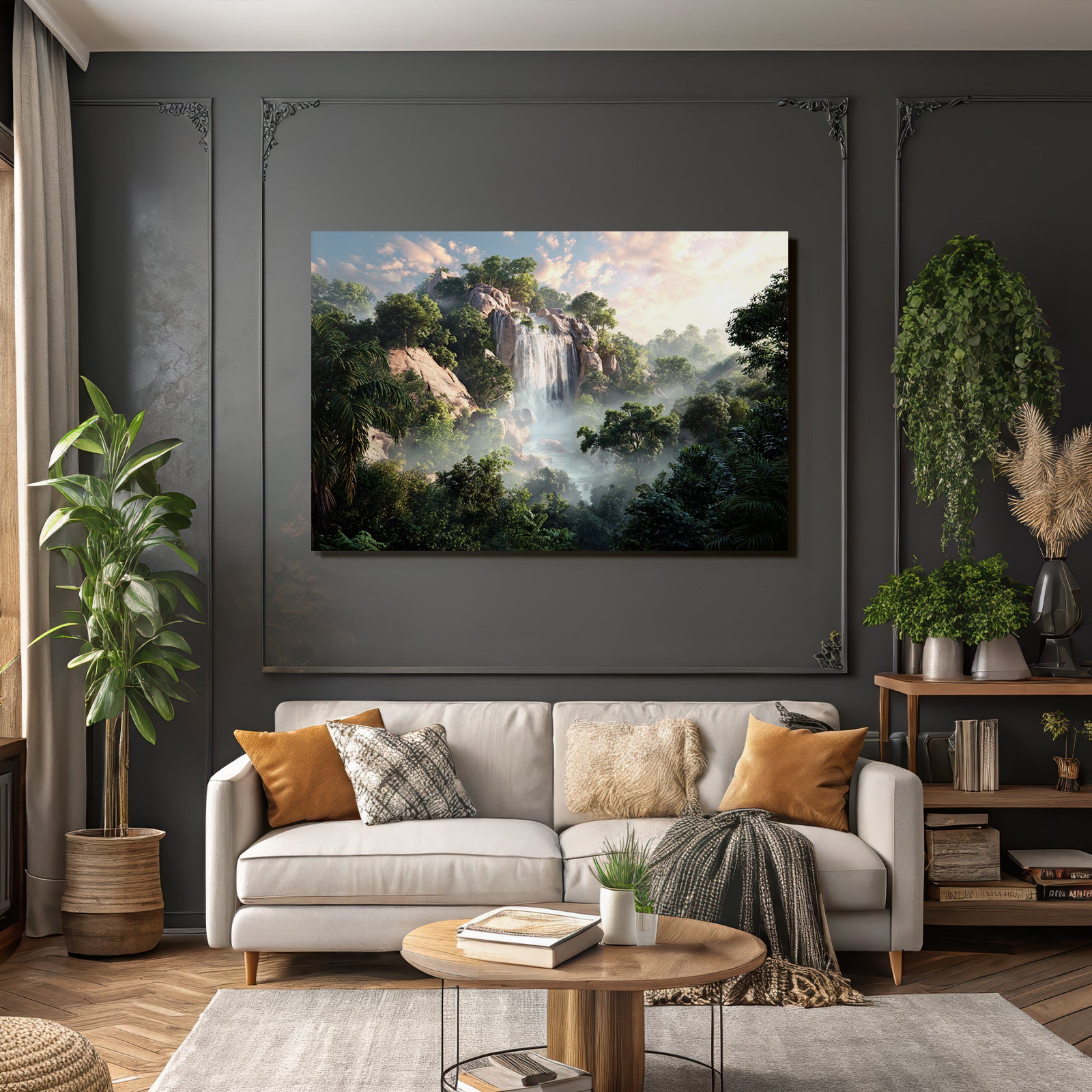 Tropen Und Dschungel Ruhige Natur Landschaft Mit Wasserfall Und Grünem Baum Bewuchs