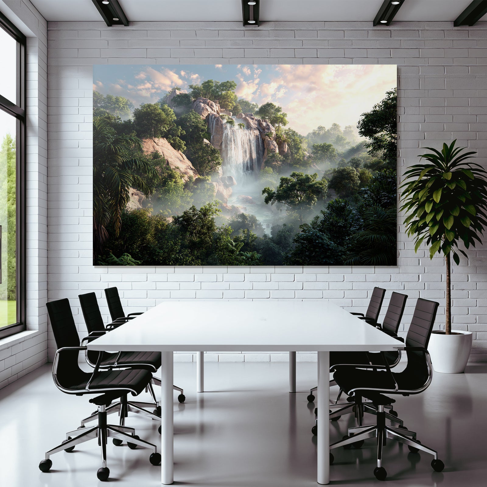 Tropen Und Dschungel Ruhige Natur Landschaft Mit Wasserfall Und Grünem Baum Bewuchs
