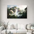 Tropen Und Dschungel Ruhige Natur Landschaft Mit Wasserfall Und Grünem Baum Bewuchs