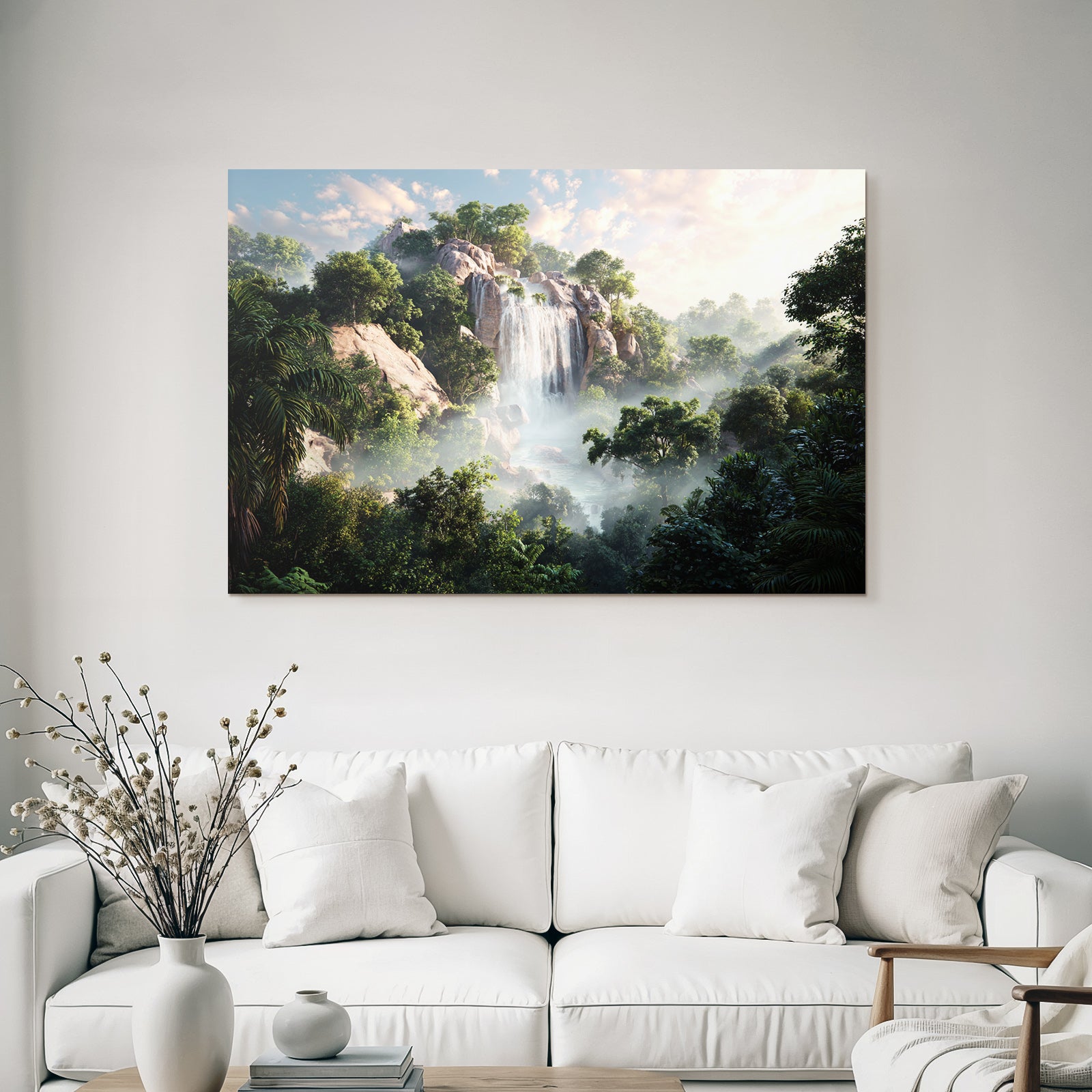 Tropen Und Dschungel Ruhige Natur Landschaft Mit Wasserfall Und Grünem Baum Bewuchs