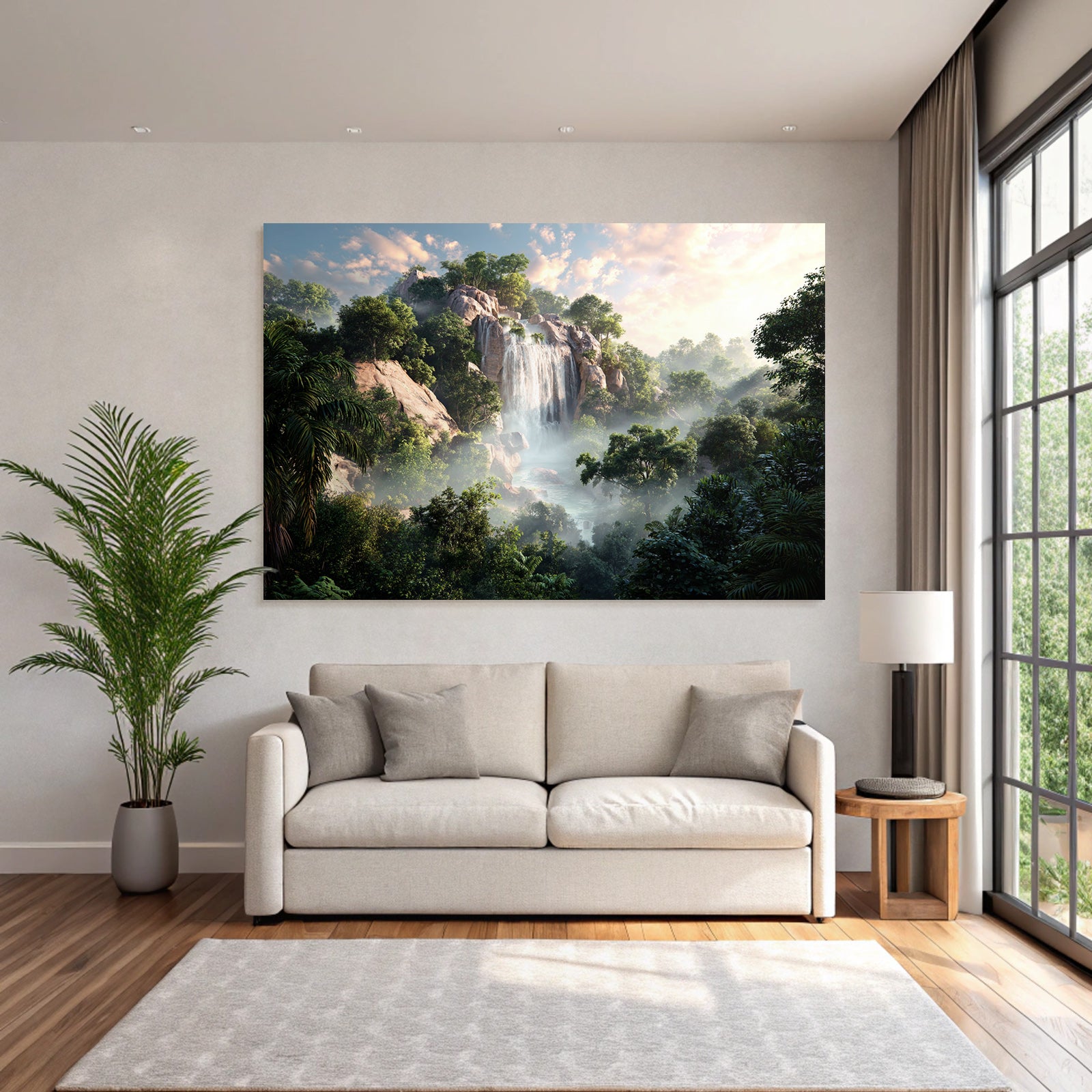 Tropen Und Dschungel Ruhige Natur Landschaft Mit Wasserfall Und Grünem Baum Bewuchs