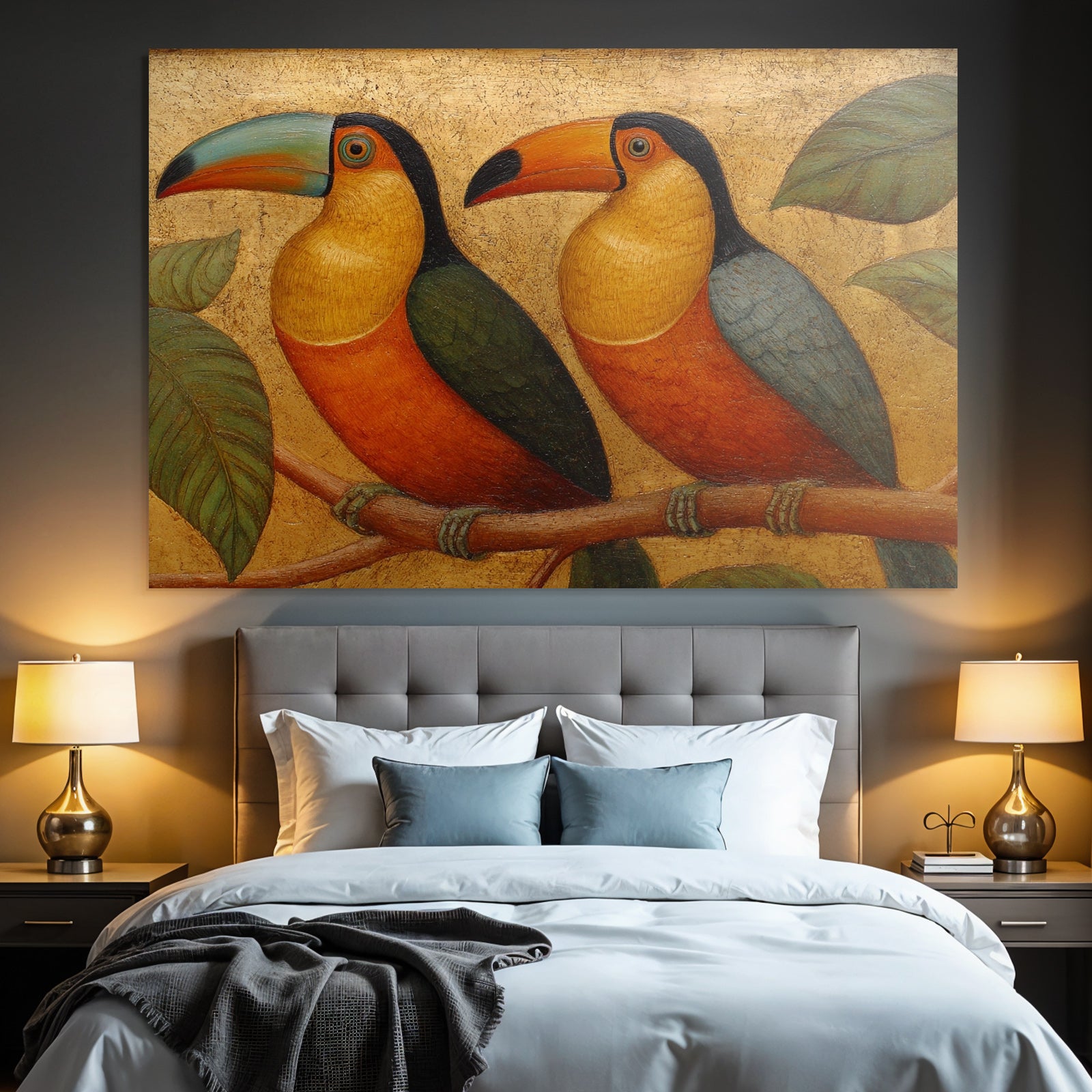 Tropen Und Dschungel Toucan Auf Einem Zweig Umgeben Von Blättern Goldener Hintergrund