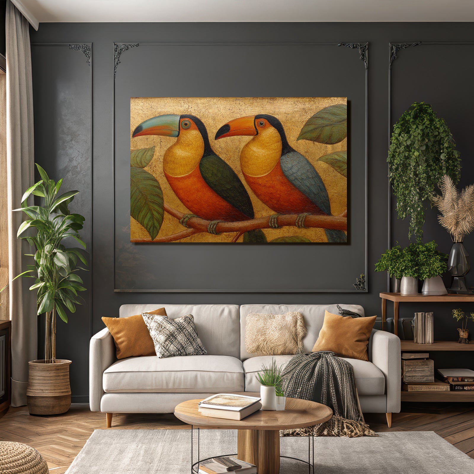 Tropen Und Dschungel Toucan Auf Einem Zweig Umgeben Von Blättern Goldener Hintergrund