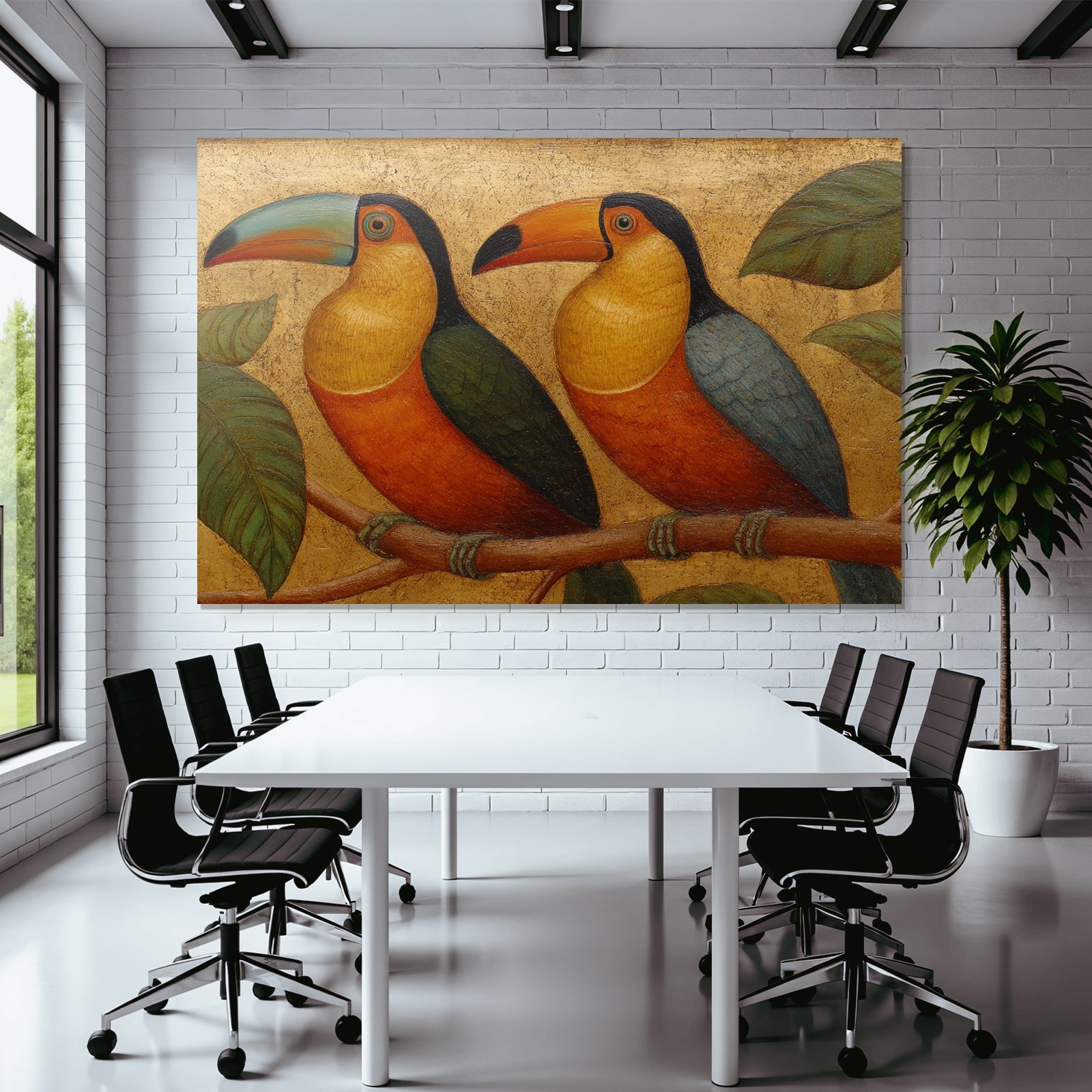 Tropen Und Dschungel Toucan Auf Einem Zweig Umgeben Von Blättern Goldener Hintergrund