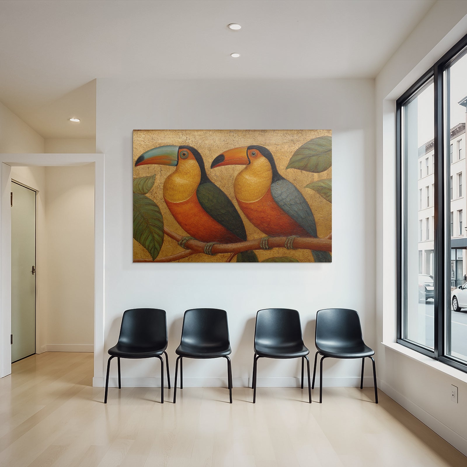 Tropen Und Dschungel Toucan Auf Einem Zweig Umgeben Von Blättern Goldener Hintergrund