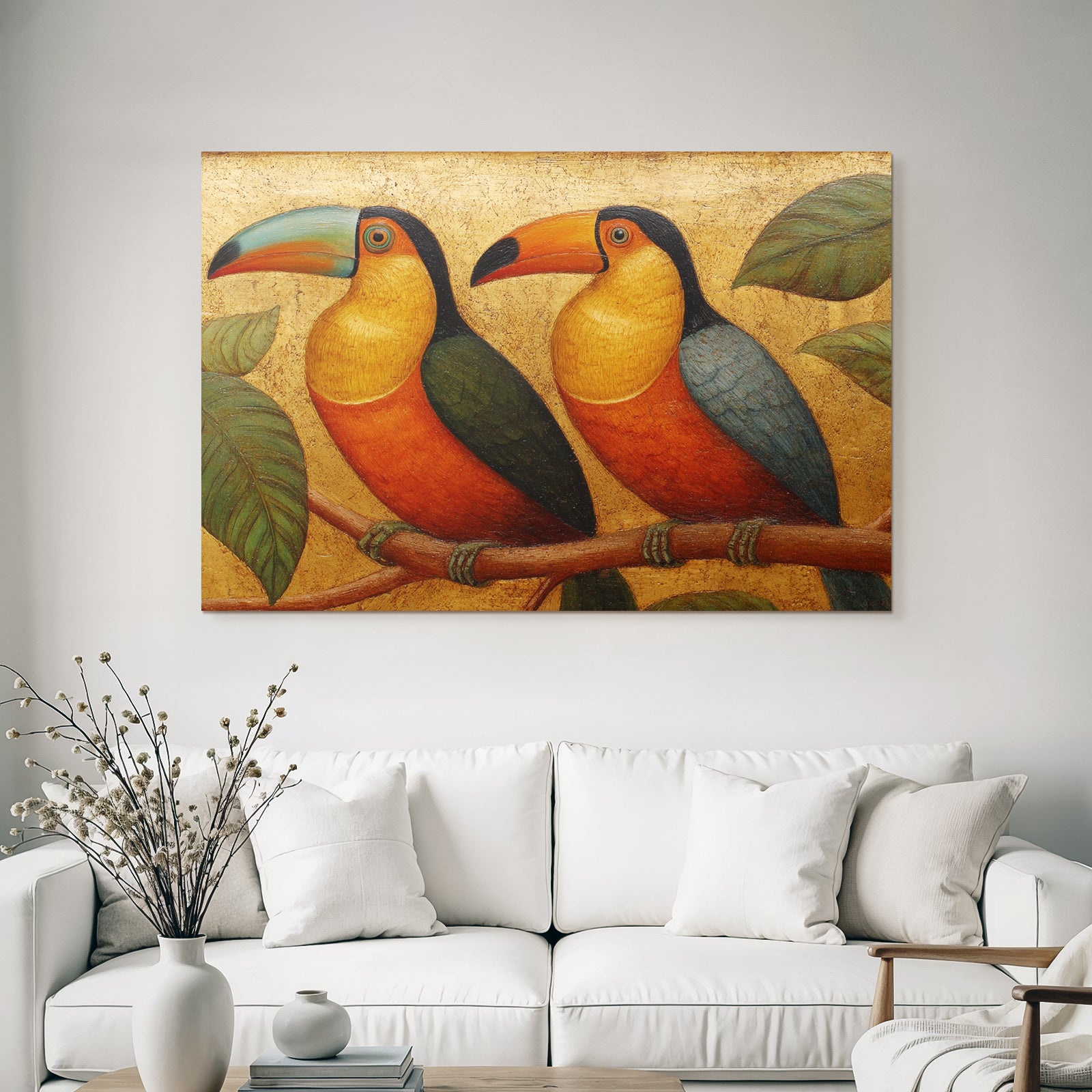 Tropen Und Dschungel Toucan Auf Einem Zweig Umgeben Von Blättern Goldener Hintergrund