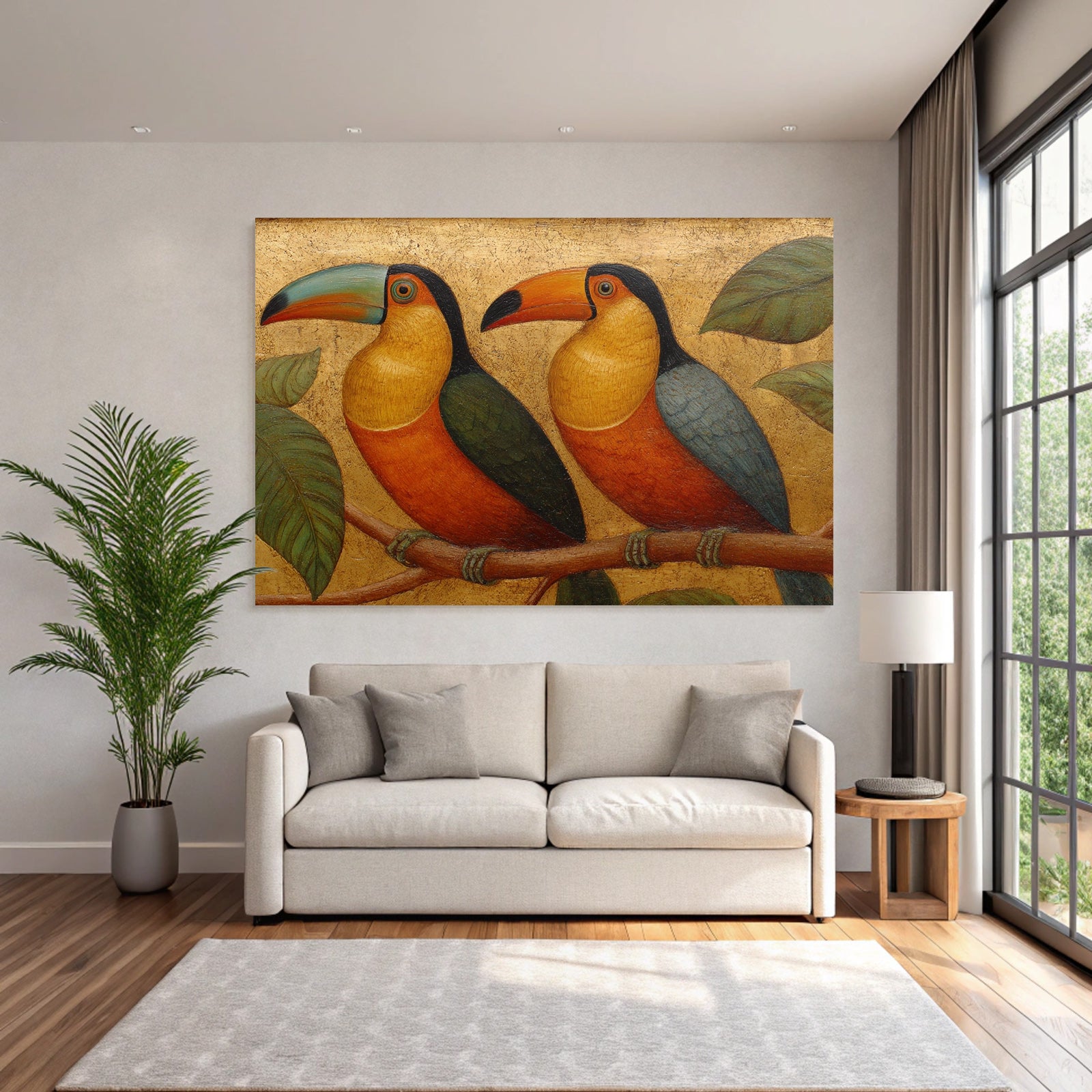 Tropen Und Dschungel Toucan Auf Einem Zweig Umgeben Von Blättern Goldener Hintergrund