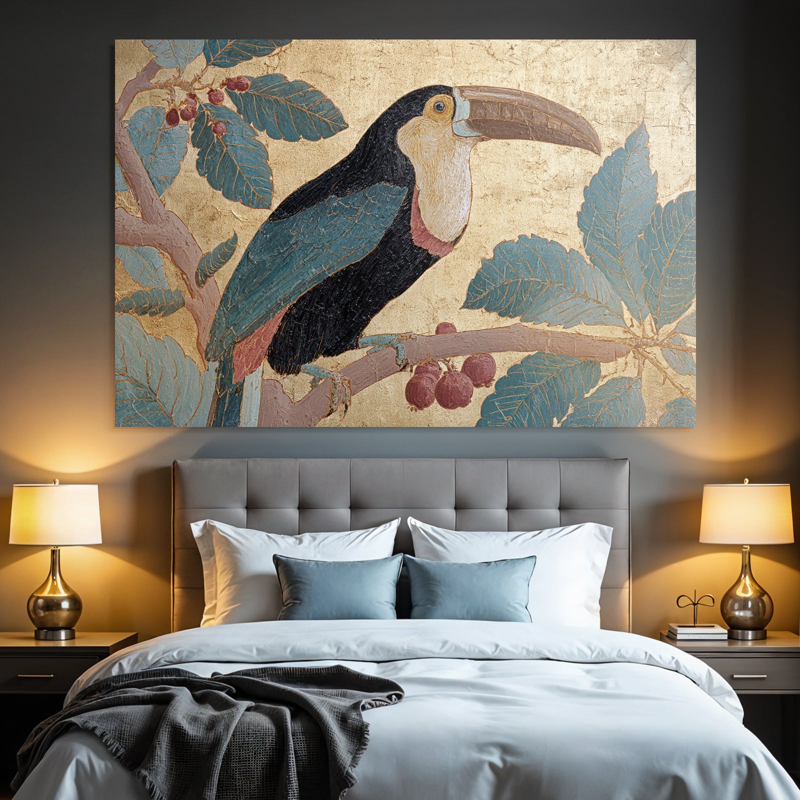 Tropen Und Dschungel Toucan Auf Zweig Mit Blättern Und Beeren Goldener Hintergrund Stilisiert