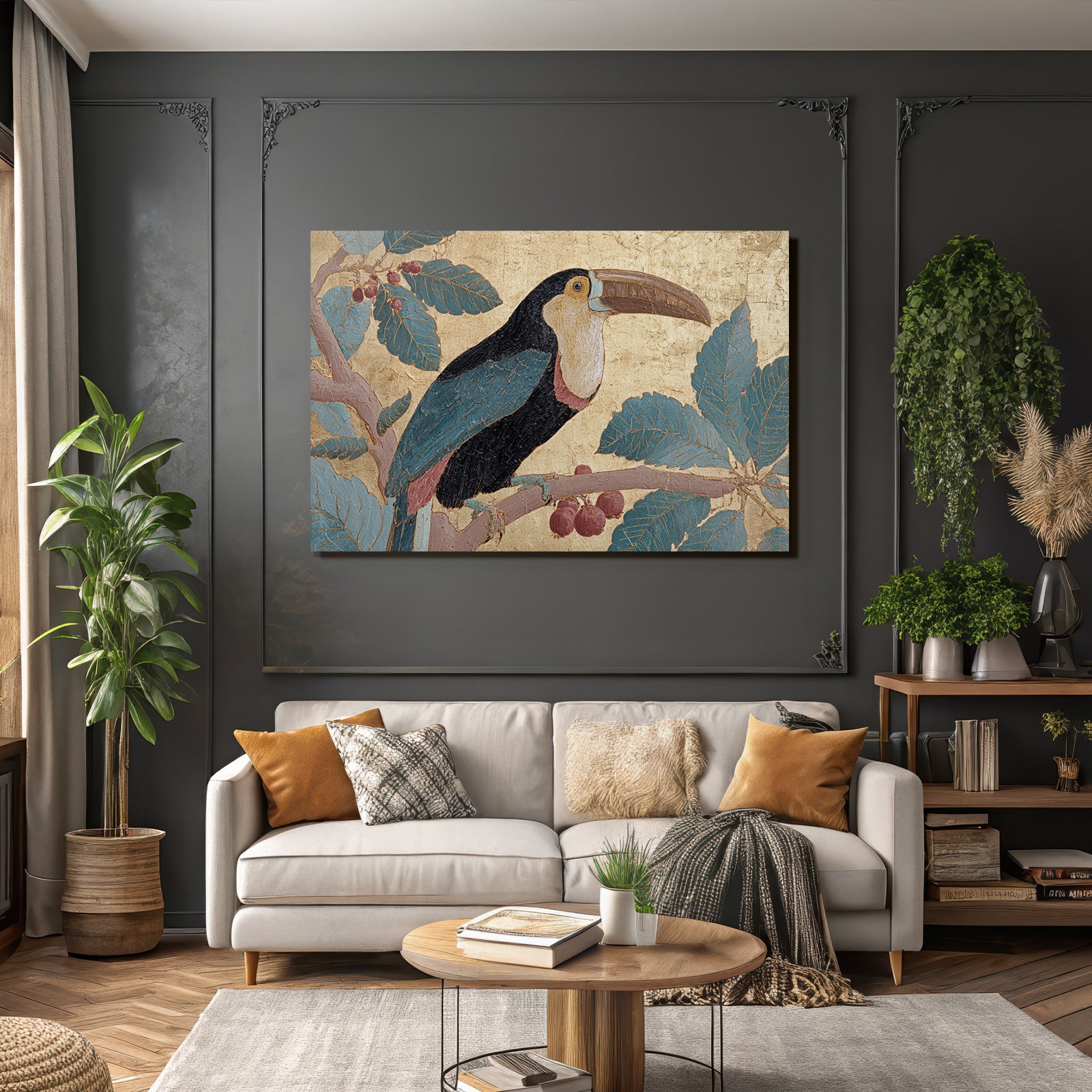 Tropen Und Dschungel Toucan Auf Zweig Mit Blättern Und Beeren Goldener Hintergrund Stilisiert