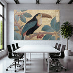 Tropen Und Dschungel Toucan Auf Zweig Mit Blättern Und Beeren Goldener Hintergrund Stilisiert