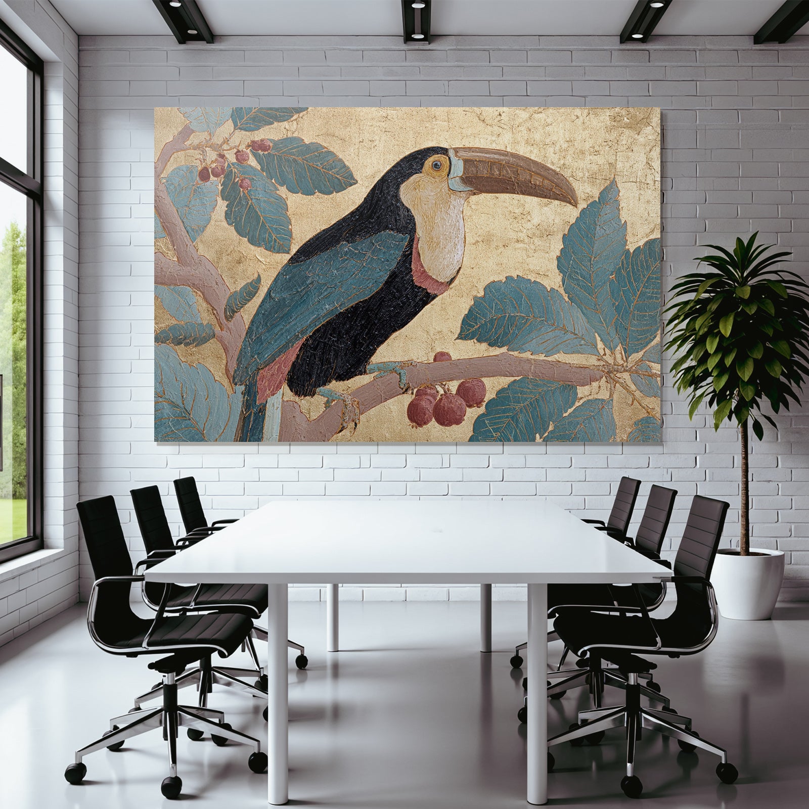 Tropen Und Dschungel Toucan Auf Zweig Mit Blättern Und Beeren Goldener Hintergrund Stilisiert