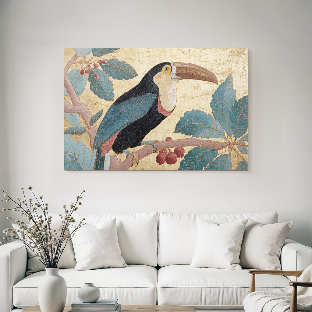 Tropen Und Dschungel Toucan Auf Zweig Mit Blättern Und Beeren Goldener Hintergrund Stilisiert