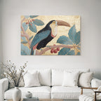Tropen Und Dschungel Toucan Auf Zweig Mit Blättern Und Beeren Goldener Hintergrund Stilisiert