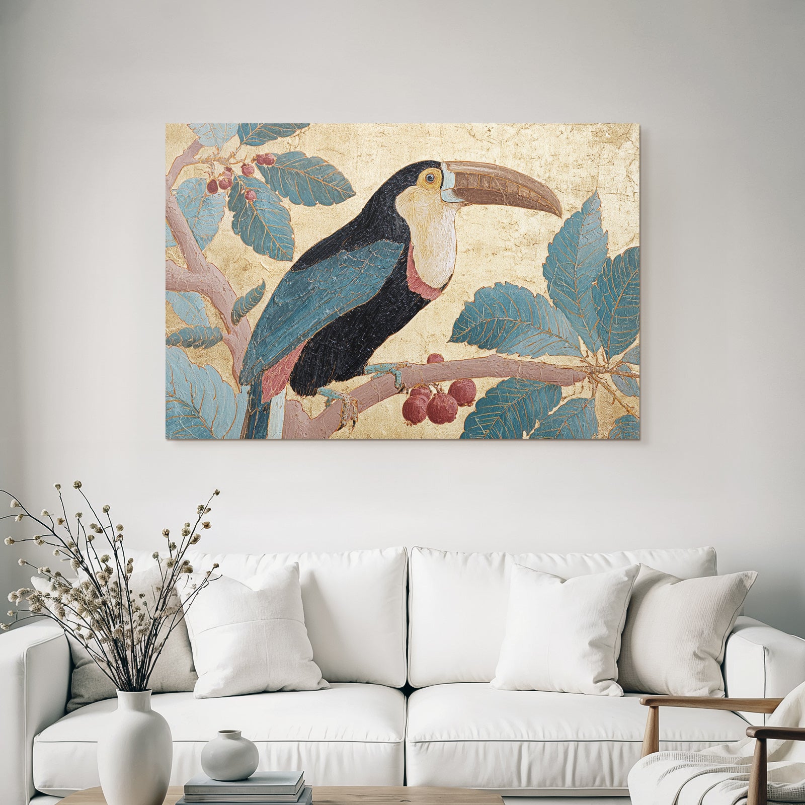 Tropen Und Dschungel Toucan Auf Zweig Mit Blättern Und Beeren Goldener Hintergrund Stilisiert