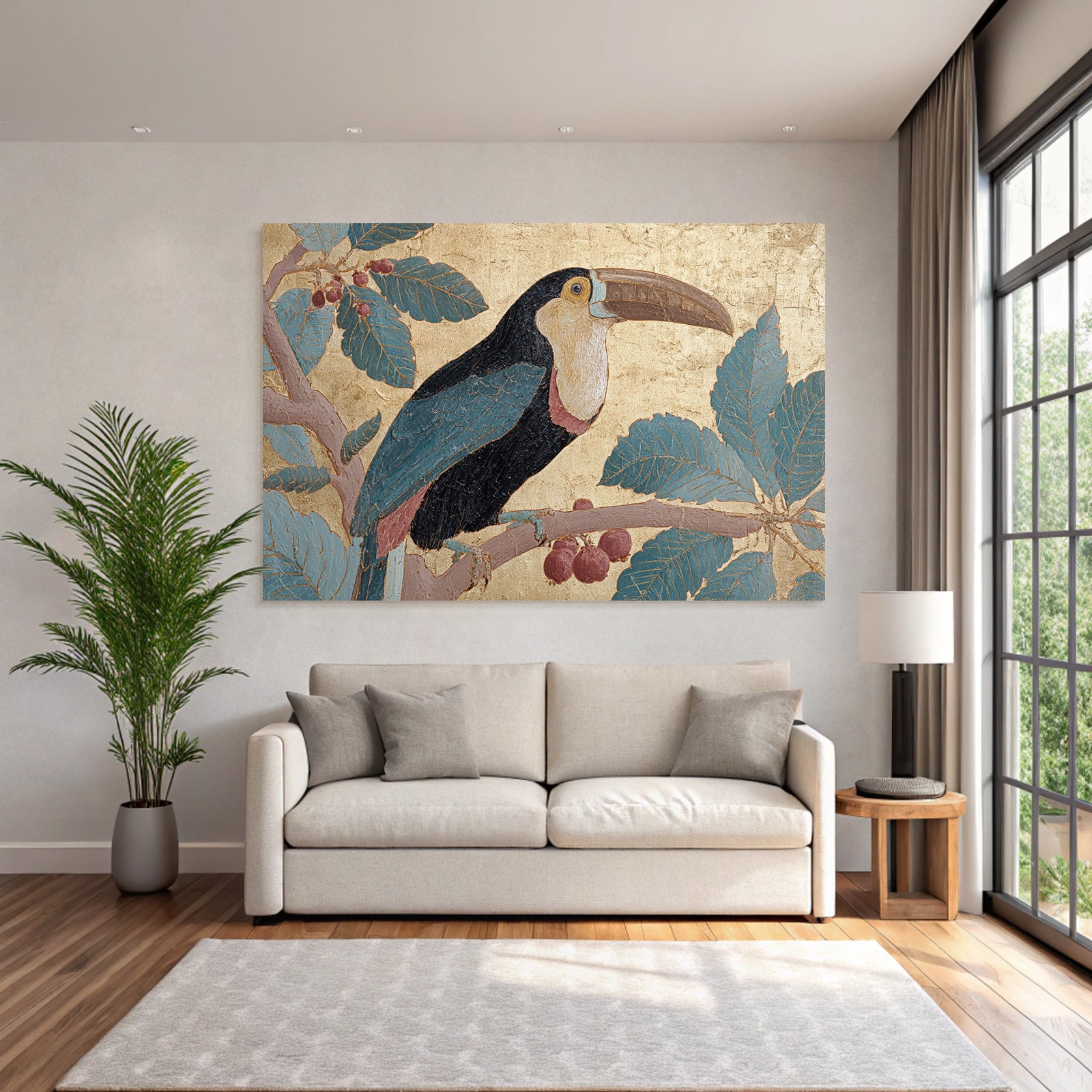 Tropen Und Dschungel Toucan Auf Zweig Mit Blättern Und Beeren Goldener Hintergrund Stilisiert