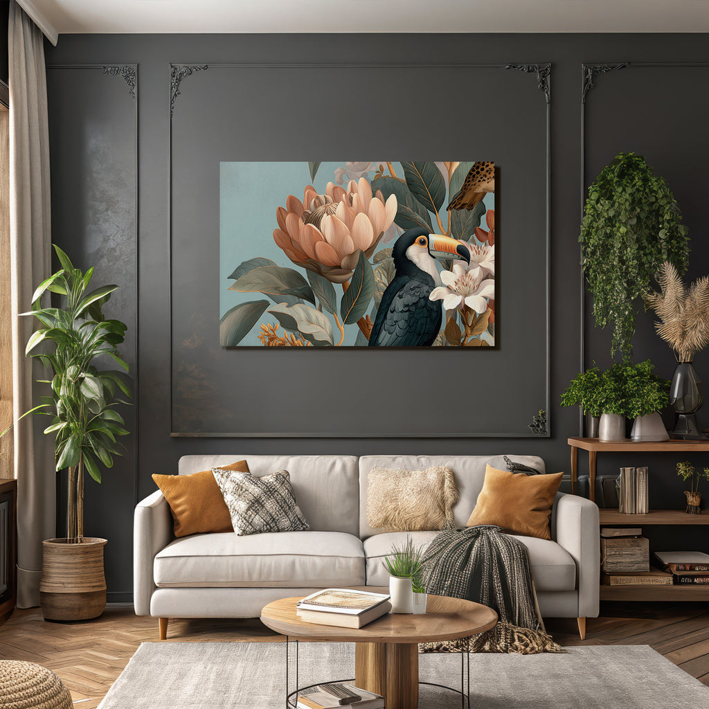 Tropen Und Dschungel Toucan Blumen Und Blätter Künstlerische Darstellung