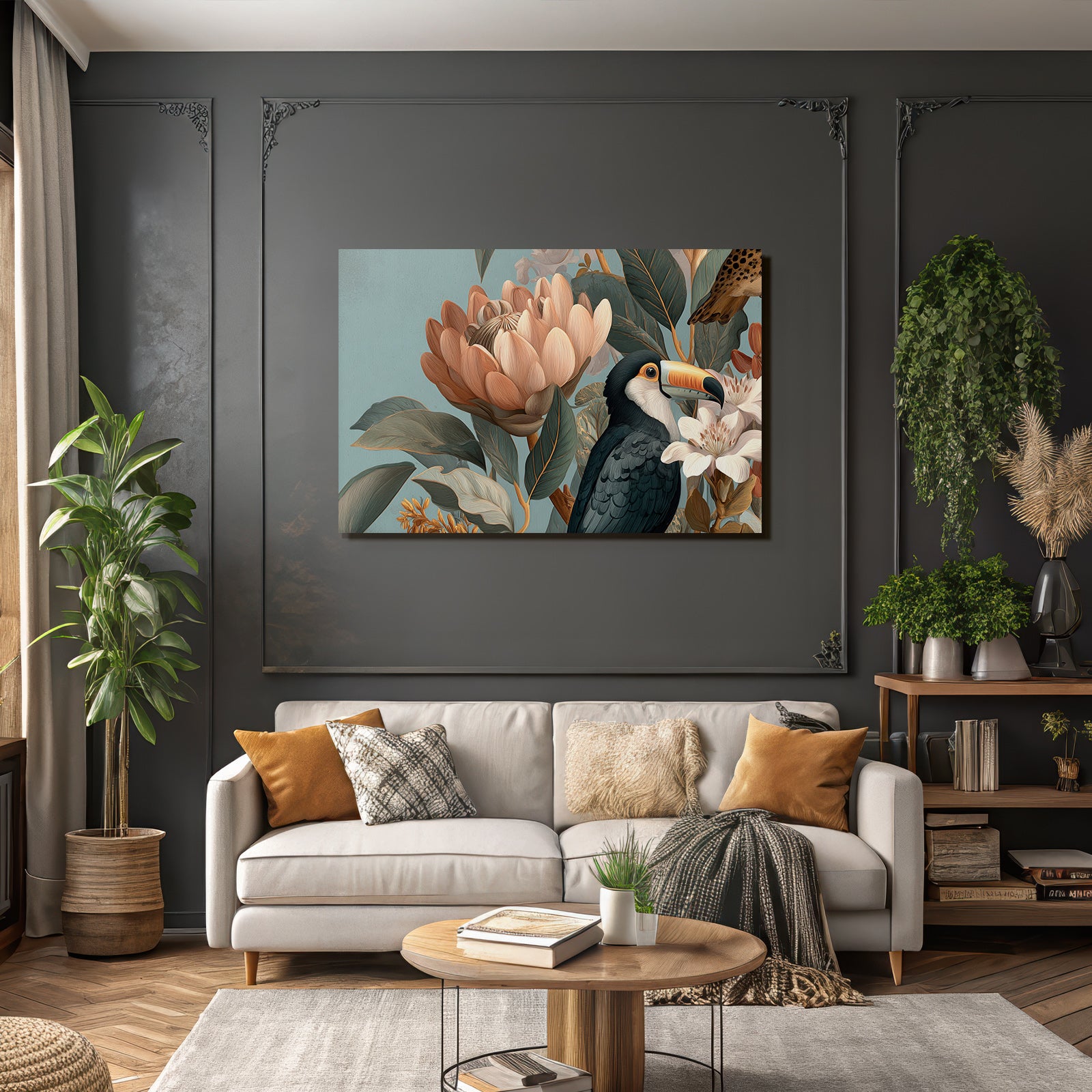 Tropen Und Dschungel Toucan Blumen Und Blätter Künstlerische Darstellung