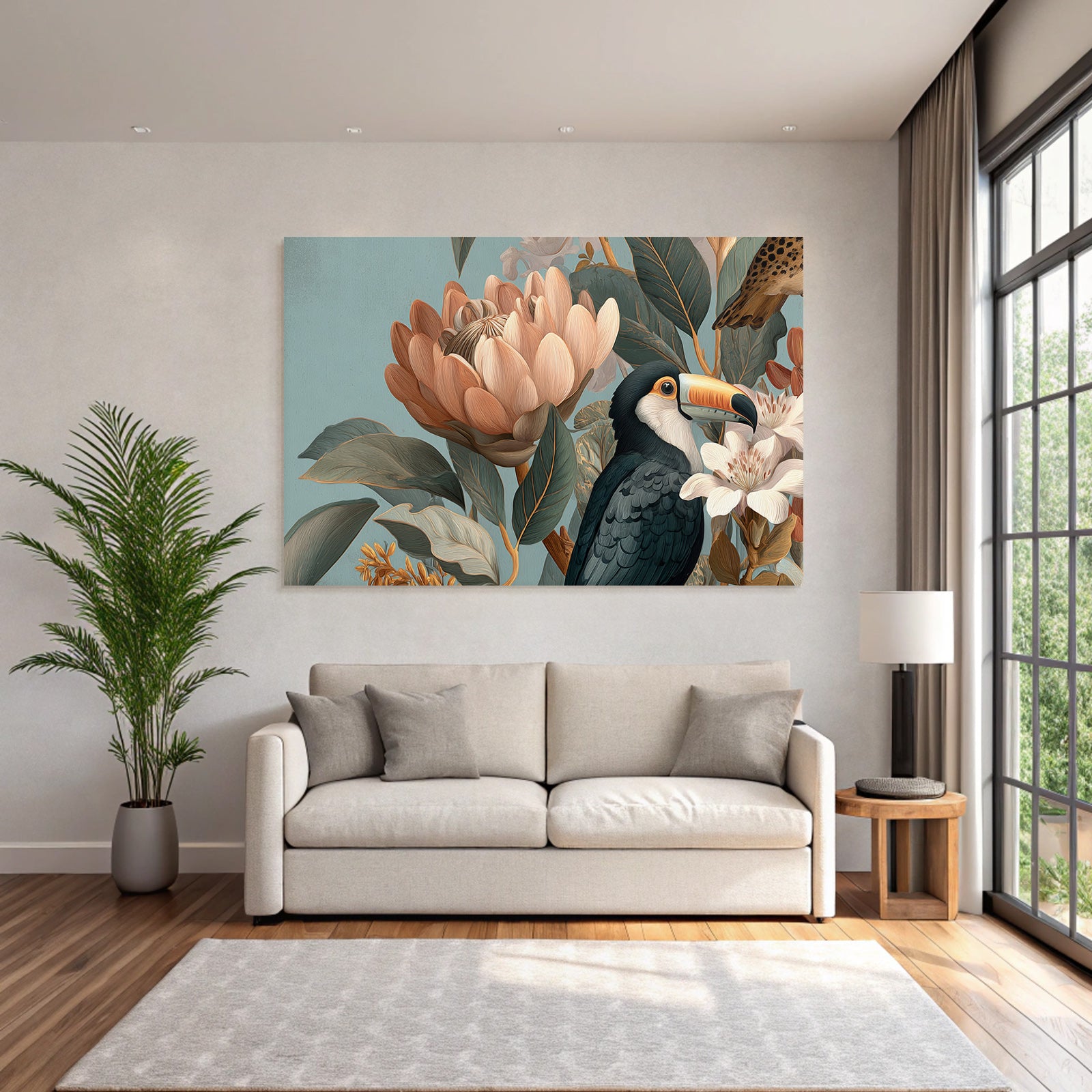 Tropen Und Dschungel Toucan Blumen Und Blätter Künstlerische Darstellung